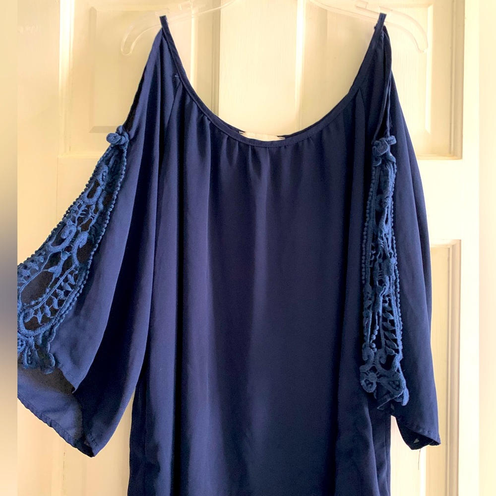 EUC Navy Cold Shoulder Blouse with Lace Crochet Detail